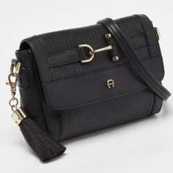 Aigner Black Textured Leather Cavallina Crossbody Bag