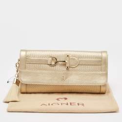 Aigner Gold Embossed Leather Cavallina Flap Clutch 