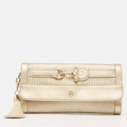 Aigner Gold Embossed Leather Cavallina Flap Clutch 