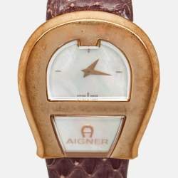 Pre Owned Aigner Mother of Pearl Rose Gold Plated Stainless Steel Leather Venezia A39200 Women's Wristwatch 36 mm
