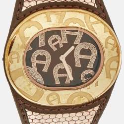 Pre Owned Aigner Brown Rose Gold Plated Stainless Steel Leather Rabello Due A39200 Women's Wristwatch 43 mm