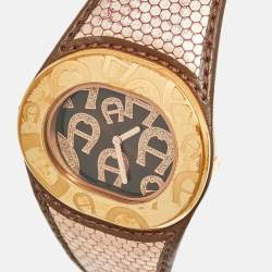 Pre Owned Aigner Brown Rose Gold Plated Stainless Steel Leather Rabello Due A39200 Women's Wristwatch 43 mm