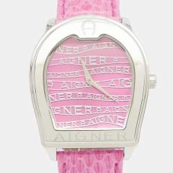 Pre Owned Aigner Pink Stainless Steel Leather Verona A48300 Women's Wristwatch 36 mm 