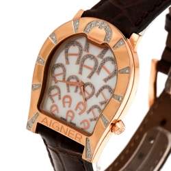 Pre Owned Aigner Mother of Pearl Rose Gold Plated Diamonds Verona A01100 Women's Wristwatch 33 mm