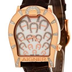 Pre Owned Aigner Mother of Pearl Rose Gold Plated Diamonds Verona A01100 Women's Wristwatch 33 mm