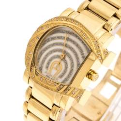 Pre Owned Aigner White Mother of Pearl Gold Plated Stainless Steel Diamonds Genua Due A31600 Women's Wristwatch 31 mm