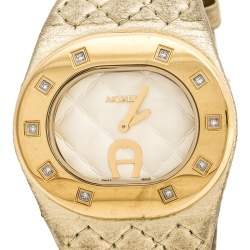 Pre Owned Aigner Cream Gold Plated Stainless Steel DIamond Ravello Due A21000 Women's Wristwatch 43 mm
