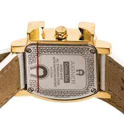 Pre Owned Aigner White Mother of Pearl Gold Plated Stainless Steel Genua Due A31000 Women's Wristwatch 27 mm