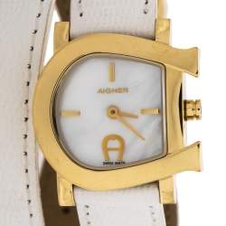 Pre Owned Aigner White Mother of Pearl Gold Plated Stainless Steel Genua Due A31000 Women's Wristwatch 27 mm