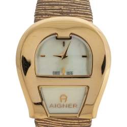 Pre Owned Aigner Mother Of Pearl Yellow Gold Plated Stainless Steel Venezia A39200 Women's Wristwatch 36 mm