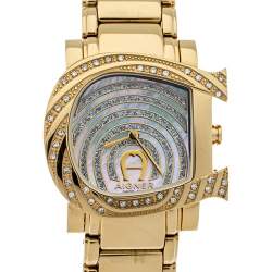مملوكة مسبقًا Aigner White Mother of Pearl Gold Plated Stainless Steel Diamonds Genua Due A31600 Women's Wristwatch 31 mm