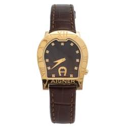 Pre Owned Aigner Brown Yellow Gold Plated Stainless Steel Leather Verona Nuovo A22400 Women's Wristwatch 30 mm