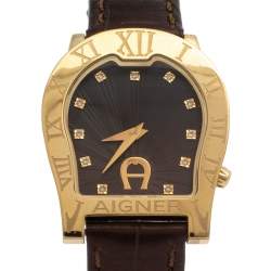 Pre Owned Aigner Brown Yellow Gold Plated Stainless Steel Leather Verona Nuovo A22400 Women's Wristwatch 30 mm
