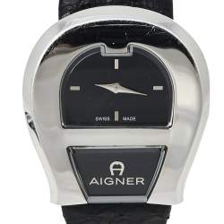 Pre Owned Aigner Black Stainless Steel Leather Venezia A39200 Women's Wristwatch 36 mm