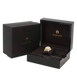 Pre Owned Aigner Mother Of Pearl Gold Plated Stainless Steel Leather Diamond Bari Donna A37200 Women's Wristwatch 41 mm
