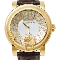 Pre Owned Aigner Mother Of Pearl Gold Plated Stainless Steel Leather Diamond Bari Donna A37200 Women's Wristwatch 41 mm