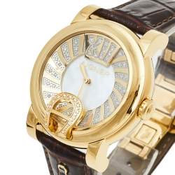 Pre Owned Aigner Mother Of Pearl Gold Plated Stainless Steel Leather Diamond Bari Donna A37200 Women's Wristwatch 41 mm