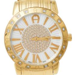 Pre Owned Aigner Mother of Pearl Gold Tone Stainless Steel Diamond Cortina A26300 Women's Wristwatch 36 mm