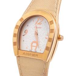 Pre Owned Aigner White Gold Plated Stainless Steel Leather Capri A19200 Women's Wristwatch 30 mm