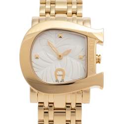 Pre Owned Aigner White Leaves Gold Plated Stainless Steel Genua Due A31600 Women's Wristwatch 31 mm