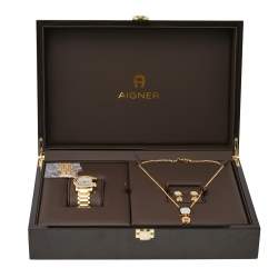 مملوكة مسبقًا ساعة يد نسائية أيغنر جينوا ديو A31600  ستانلس ستيل مطلي بالذهب وصدف وألماس 34 مم مع طقم قلادة وأقراط 