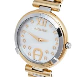 Pre Owned Aigner Mother of Pearl Two Tone Stainless Steel Gorizia A106200 Women's Wristwatch 33 mm