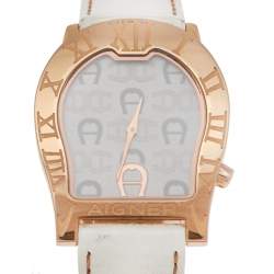 Pre Owned Aigner White Rose Gold Plated Stainless Steel Leather Verona Nuovo A22100  Women's Wristwatch 33 mm