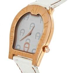Pre Owned Aigner White Rose Gold Plated Stainless Steel Leather Verona Nuovo A22100  Women's Wristwatch 33 mm