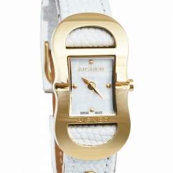 مملوكة مسبقًا Aigner Mother of Pearl Gold Plated Stainless Steel Leather Cesena A53200 Women's Wristwatch 20 mm