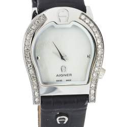 Pre Owned Aigner Mother of Pearl Stainless Steel Diamond Leather Verona A01200 Women's Wristwatch 25 mm