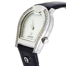 Pre Owned Aigner Mother of Pearl Stainless Steel Diamond Leather Verona A01200 Women's Wristwatch 25 mm