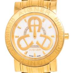Pre Owned Aigner Mother of Pearl Gold Plated Stainless Steel Cortina A26300 Women's Wristwatch 36 mm