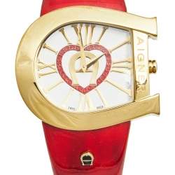 Pre Owned Aigner White Yellow Gold Plated Stainless Steel Leather Genua A31000 Women's Wristwatch 39 mm