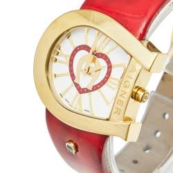 Pre Owned Aigner White Yellow Gold Plated Stainless Steel Leather Genua A31000 Women's Wristwatch 39 mm