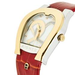 Pre Owned Aigner Mother of Pearl Two Tone Stainless Steel Leather Aosta A59200 Women's Wristwatch 35 mm