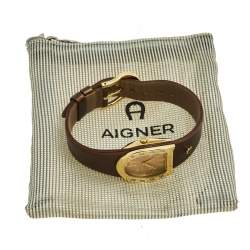 Pre Owned Aigner Beige Yellow Gold Plated Stainless Steel Leather Capri A19200 Women's Wristwatch 30 mm