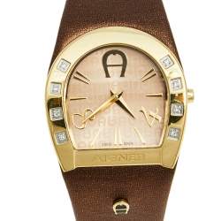 Pre Owned Aigner Beige Yellow Gold Plated Stainless Steel Leather Capri A19200 Women's Wristwatch 30 mm
