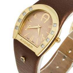 Pre Owned Aigner Beige Yellow Gold Plated Stainless Steel Leather Capri A19200 Women's Wristwatch 30 mm