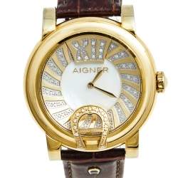 Pre Owned Aigner Mother Of Pearl Gold Plated Stainless Steel Leather Bari Donna A37200 Women's Wristwatch 41 mm