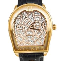 Pre Owned Aigner Metallic Rose Gold Plated Stainless Steel Leather Verona A48000 Women's Wristwatch 39 mm