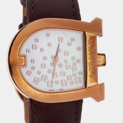 Aigner White Mother of Pearl Gold PVD Coated Stainless Steel Leather Genua A31600 Women's Wristwatch 31 mm