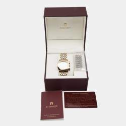 Pre Owned Aigner White Leaves Two-Tone Stainless Steel Genua Due A31600 Women's Wristwatch 31 mm
