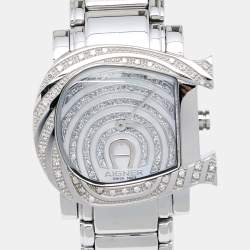 Pre Owned Aigner White Mother of Pearl Stainless Steel Diamonds Genua Due A31600 Women's Wristwatch 31 mm