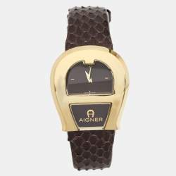 Pre Owned Aigner Brown Gold Plated Stainless Steel Leather Venezia A39200 Women's Wristwatch 36 mm