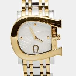 Pre Owned Aigner White Leaves Two-Tone Stainless Steel Genua Due A31600 Women's Wristwatch 31 mm