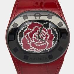 مملوكة مسبقًا Aigner Red Black PVD Coated Stainless Steel Leather Ravello Due A21000 Women's Wristwatch 43 mm