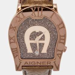 Pre Owned Aigner Champagne PVD Coated Stainless Steel Leather Verona Nuovo 44 A22000 Women's Wristwatch 36 mm
