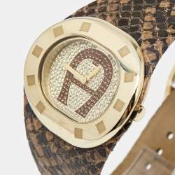 Pre Owned Aigner Crystal Paved Gold Plated Stainless Steel Leather Ravello Due A21000 Women's Wristwatch 43 mm