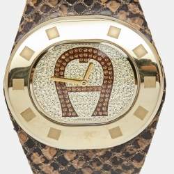 Pre Owned Aigner Crystal Paved Gold Plated Stainless Steel Leather Ravello Due A21000 Women's Wristwatch 43 mm