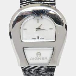 Pre Owned Aigner Mother of Pearl Stainless Steel Leather Venezia A39200 Women's Wristwatch 36 mm